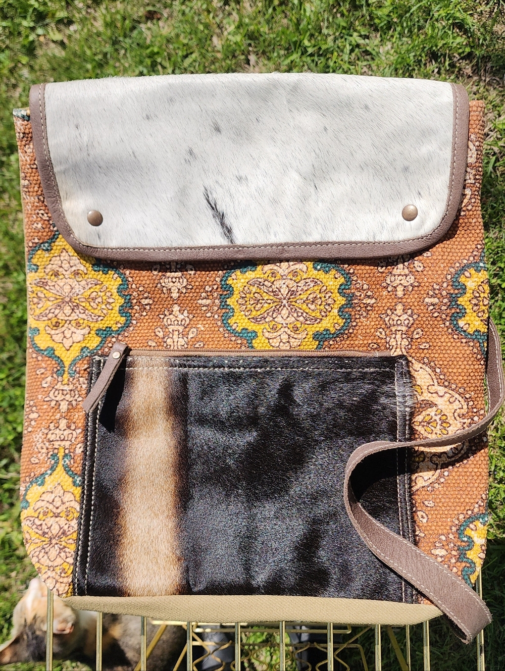 Olay Eclectic Tapestry Crossbody Bag with Haircalf Panels and Leather Accents